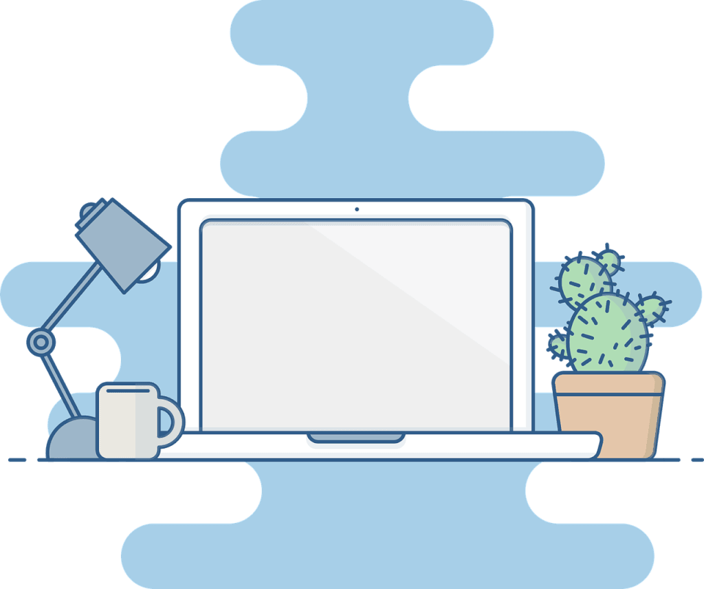 Web development is the digital representation of a company. Image shows a laptop, mug, desk light and cactus on a table.