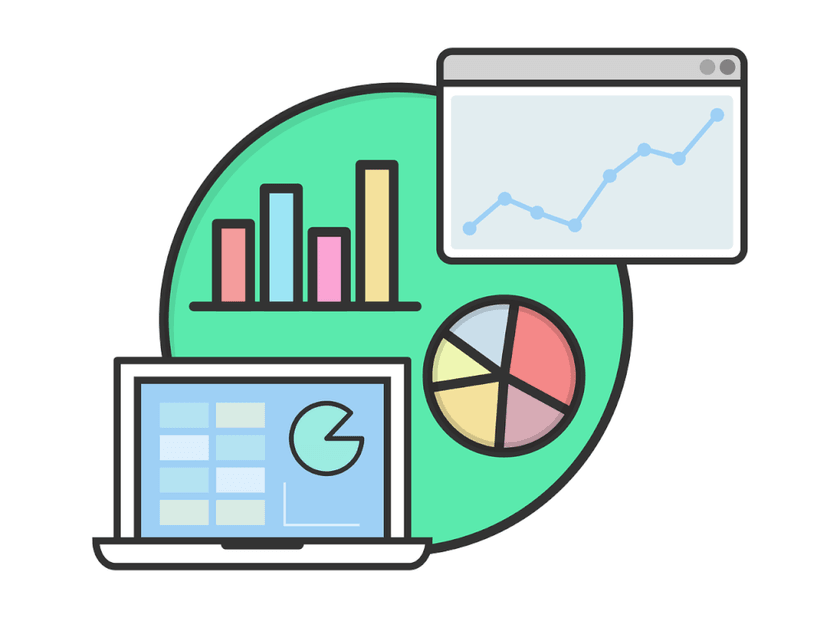Vector graphic of a laptop and a graph showing an increase in figures, which are on top of a circular pie chart.